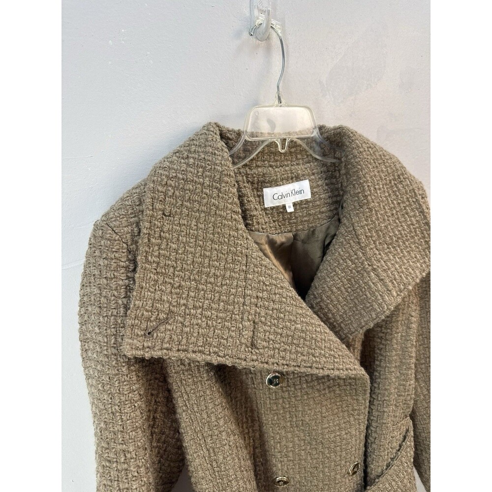 Women’s Calvin Klein Double Breasted Brown Wool Blend Belted Coat Size Small - Picture 3 of 16